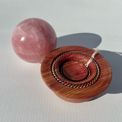 Rose Quartz Sphere with Tensor Ring Cedar Wood Stand